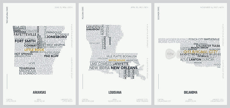 城市名称的排版，美国各州的剪影地图，矢量详细海报，中西部分部-阿肯色州，路易斯安那州，俄克拉何马州-设置12 17